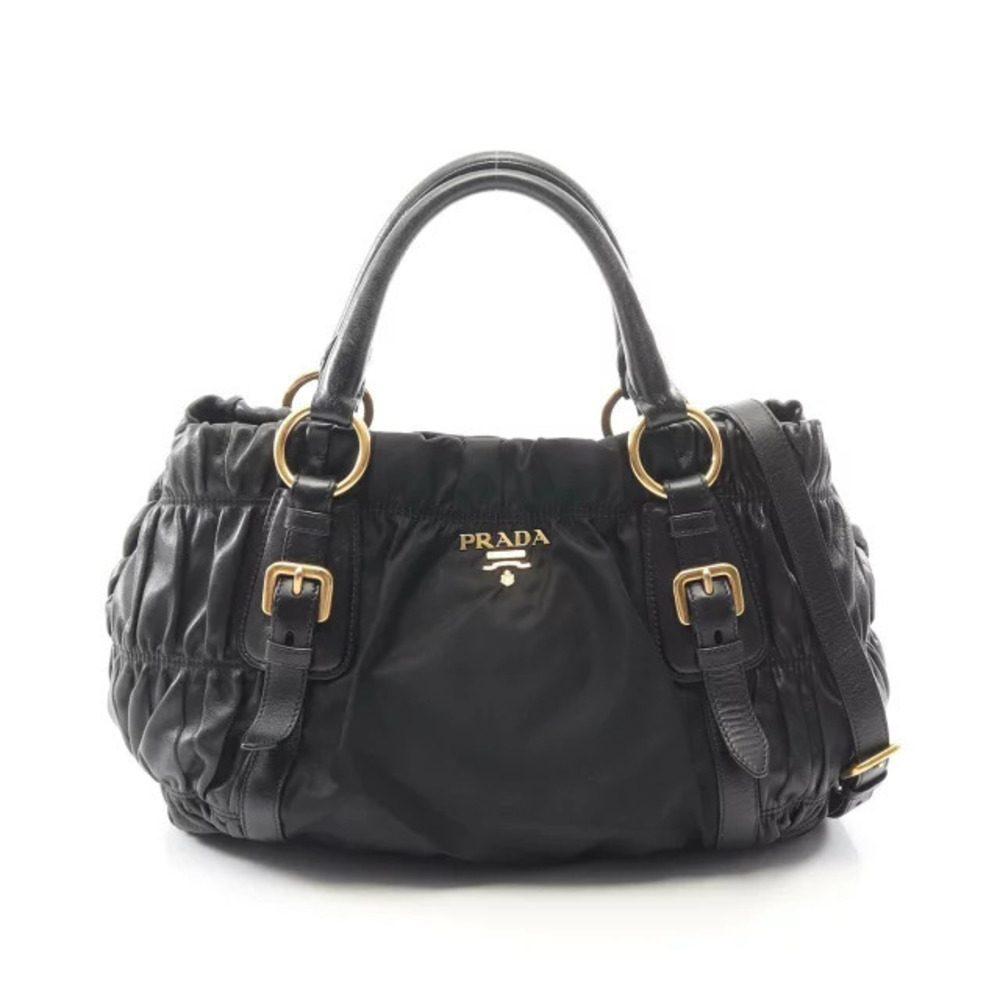 Prada Gathered Tote Bag Leather Black